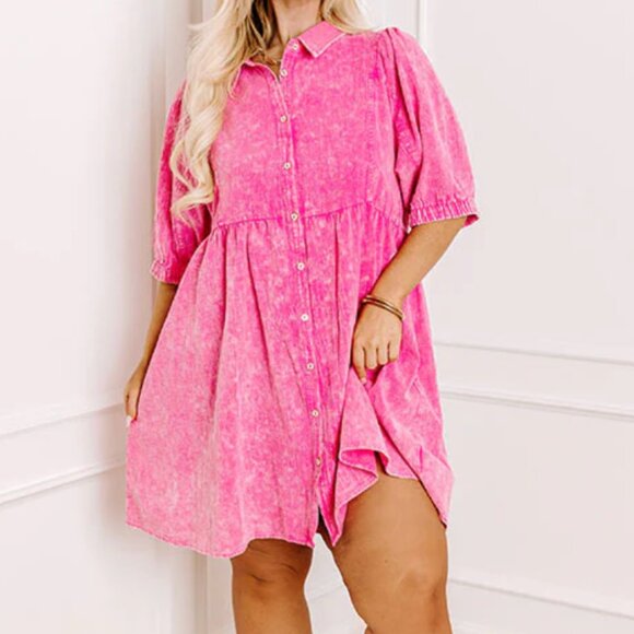 Umgee Dresses & Skirts - Umgee Washed Babydoll Dress 1X Pink Short Sleeve Button Front Cotton Boho